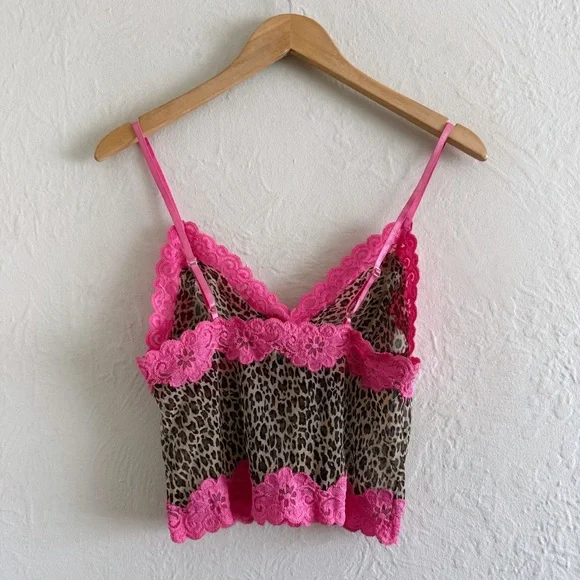 SOLD Y2K Rampage Leopard Print Mesh Cami Top With Pink Lace Trim Size L - Picture 5 of 5